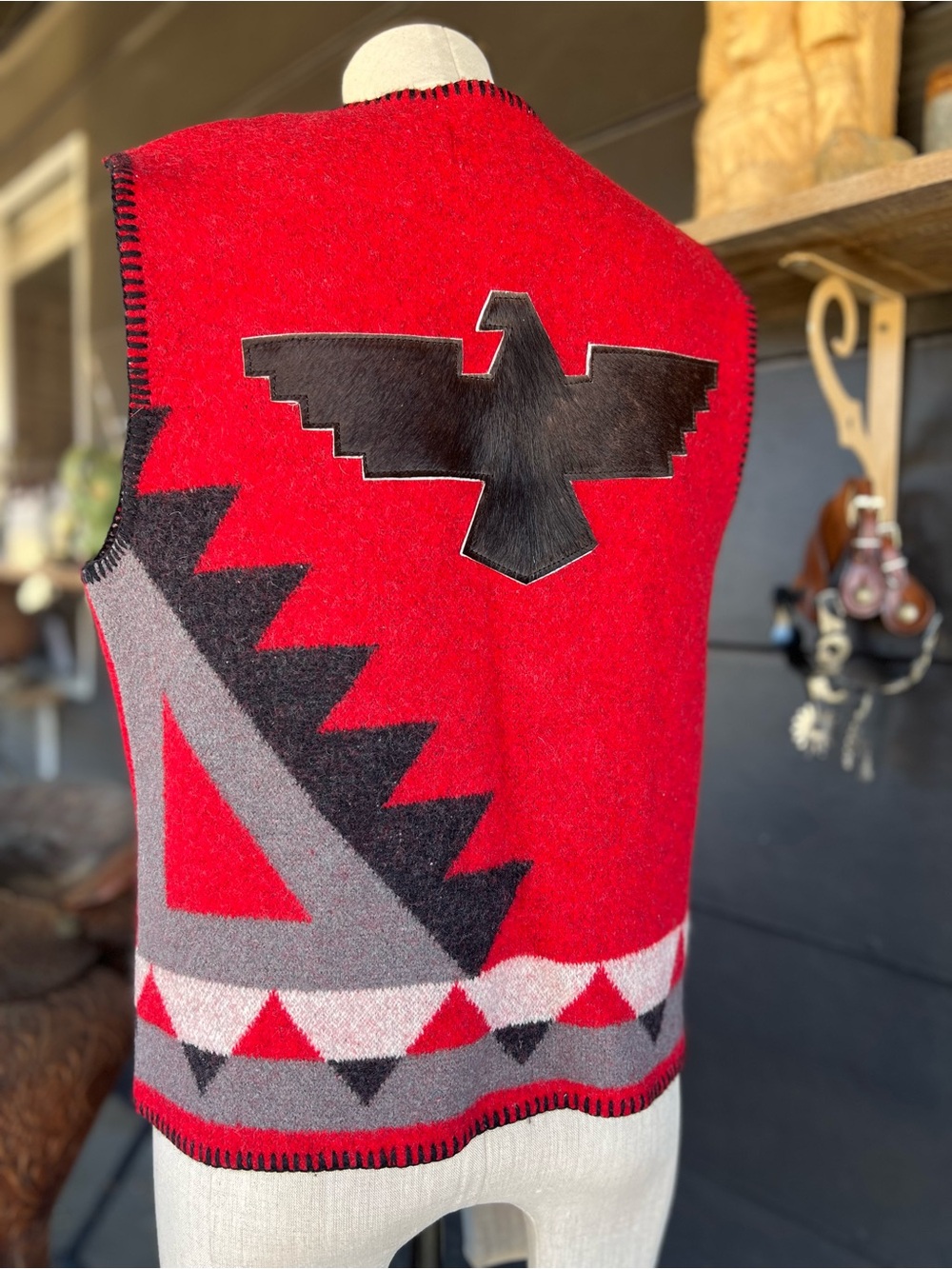 Vintage Nanook Red Black Gray Aztec Wool Vest with Shoulder Fringe Firebird